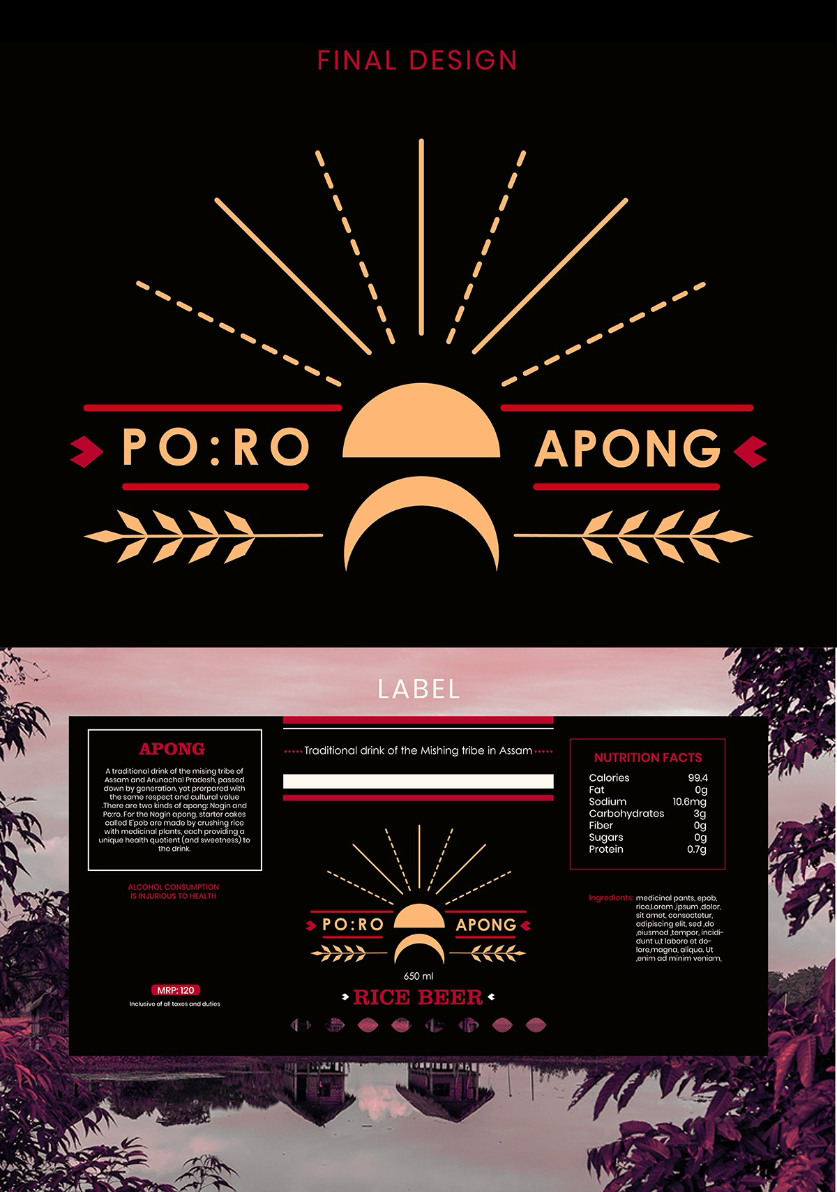 Final Po:ro Apong lockup and three-panel bottle label with nutrition facts