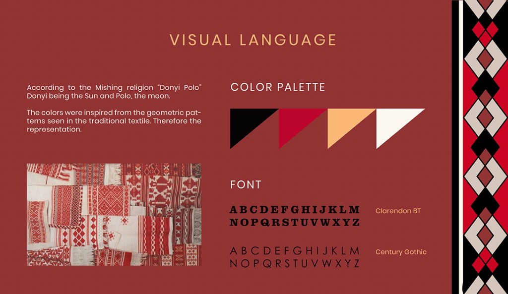 Apong visual language on terracotta: Donyi Polo notes, Mishing textile, colour triangles, Clarendon and Century Gothic