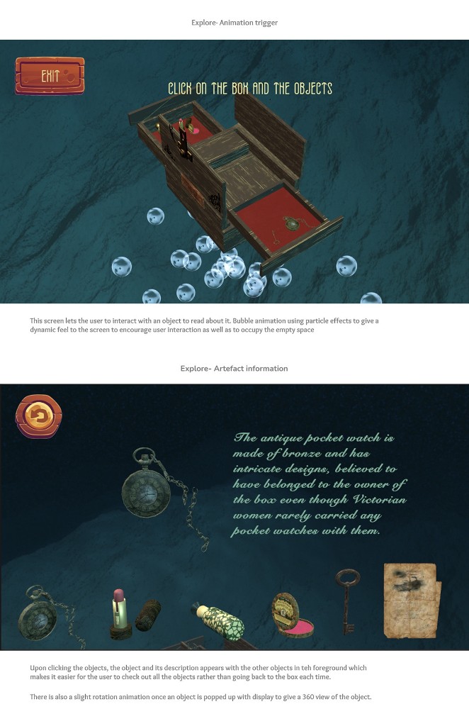 Explore screen showing the box opening with bubble particle animation, and an artefact information screen for a pocket watch