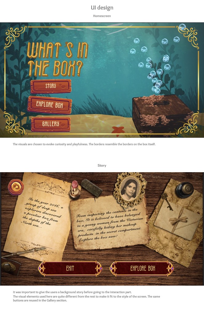 Finished homescreen with title and three navigation buttons, and the story screen presenting a handwritten backstory on aged paper props