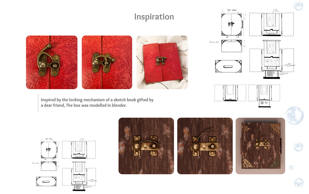 Inspiration board showing a red sketchbook's brass locking clasp, alongside early box sketches and views