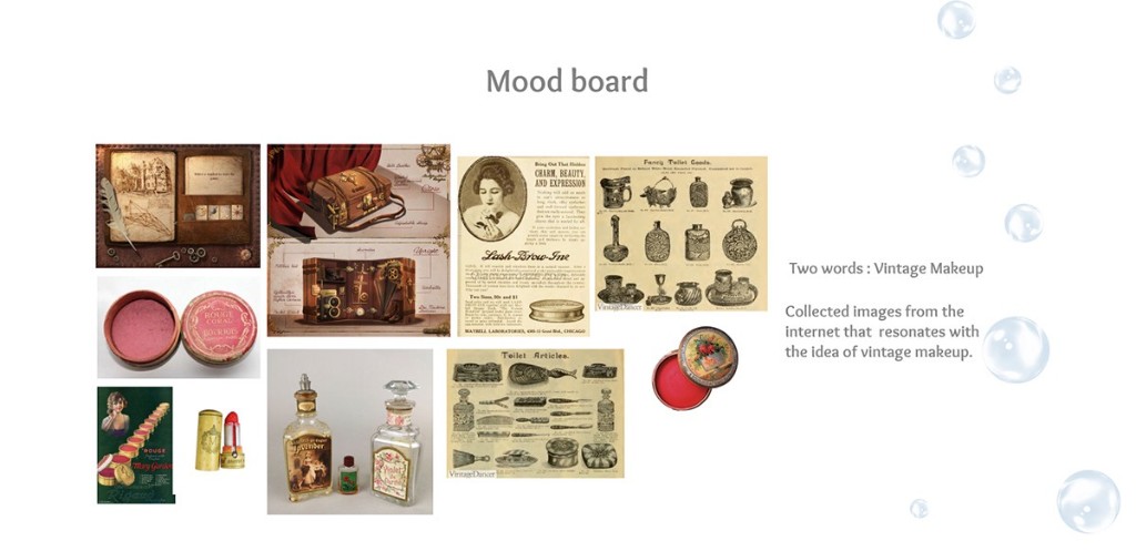 Mood board of vintage makeup references, tins, lipsticks, perfume bottles and period advertisements
