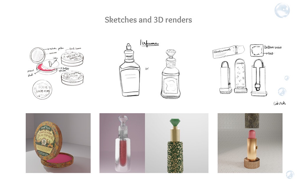 Hand sketches and 3D renders of vintage makeup objects: a rouge compact, lipstick tube and perfume bottle
