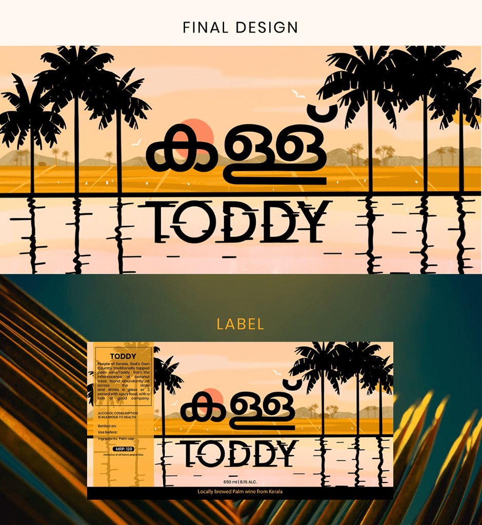 Final Kallu lockup and wraparound bottle label with Malayalam and English wordmarks over a sunset landscape