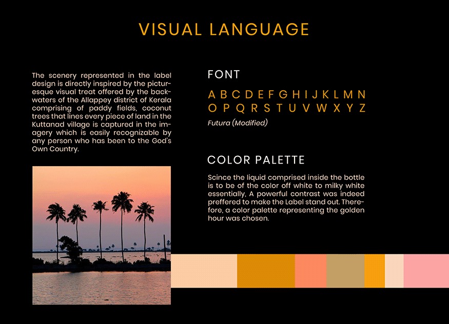 Kallu visual language: Futura specimen, Alleppey reference photograph, and a golden-hour colour bar